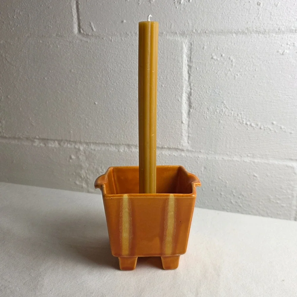 Vintage MCM Hull Persimmon Orange Drip Glaze Square Ceramic Candle Holder 67 USA